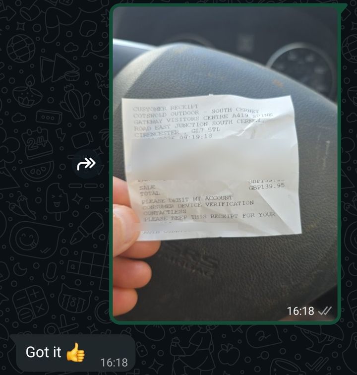 A receipt photographed on a steering wheel and sent on WhatsApp, with the reply: Got it